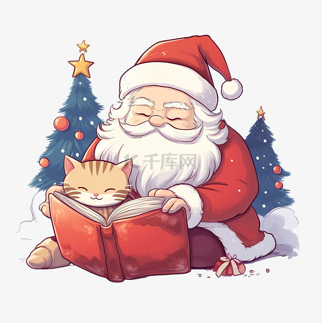 卡通可爱圣诞圣诞老人看书和睡觉
