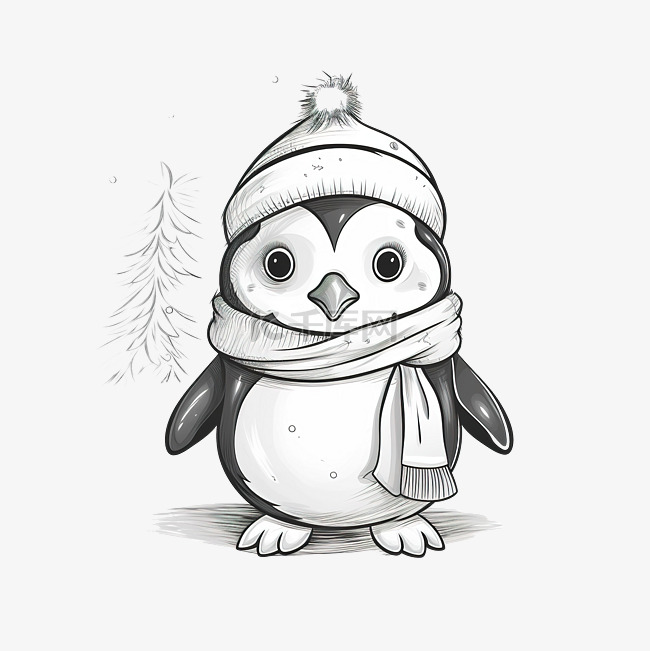 圣诞快乐可爱的着色企鹅标签绘图