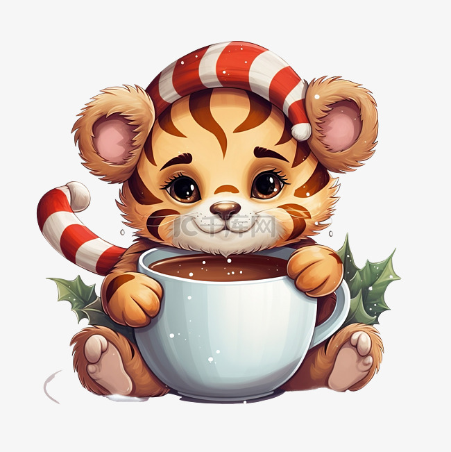 可爱的老虎角色坐在杯子里圣诞有