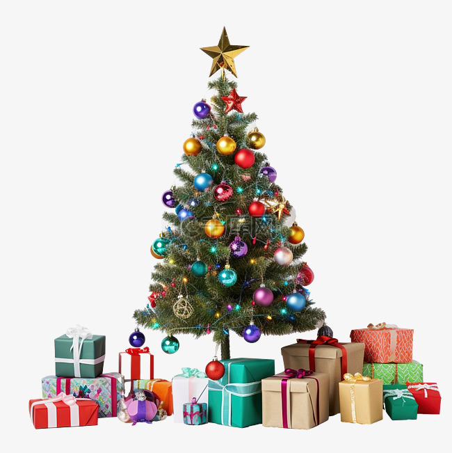 带星星和各种彩色礼物的小圣诞树