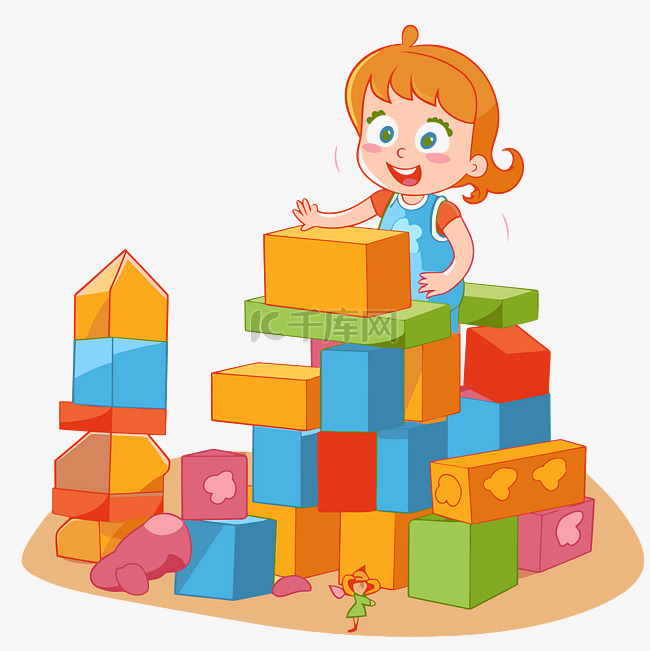 学龄前块剪贴画可爱的小女孩玩砖