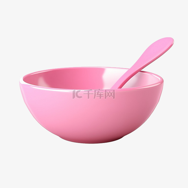 一个3d卡通粉色碗，里面有勺子