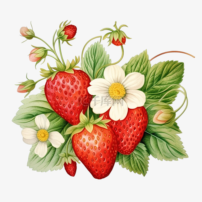 草莓叶和花的美丽水彩插图