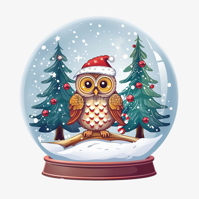 圣诞快乐玻璃球，有猫头鹰和雪中