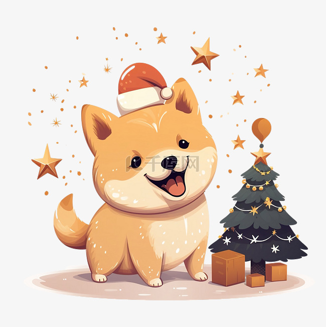 可爱的柴犬从圣诞树上摘下星星