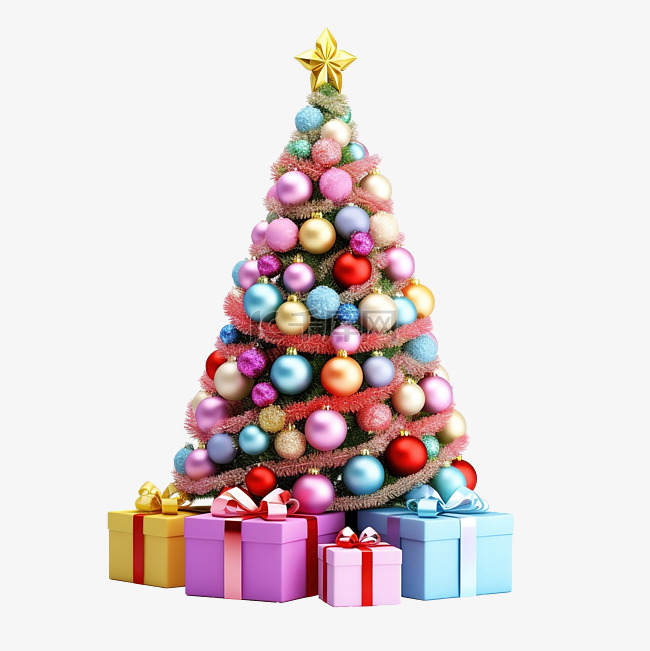圣诞树上有彩色球和白色礼品盒