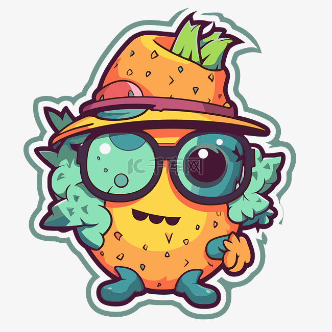 戴着眼镜和帽子的卡通菠萝风格贴