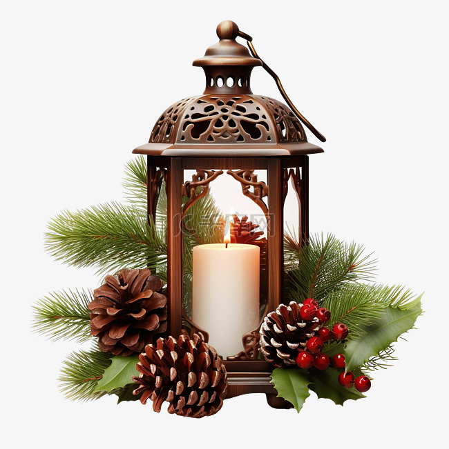圣诞灯笼与蜡烛灯装饰着冷杉树枝