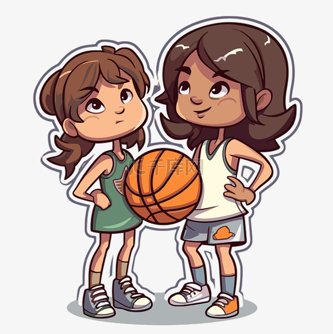 描绘两个女孩拿着篮球和球的卡通