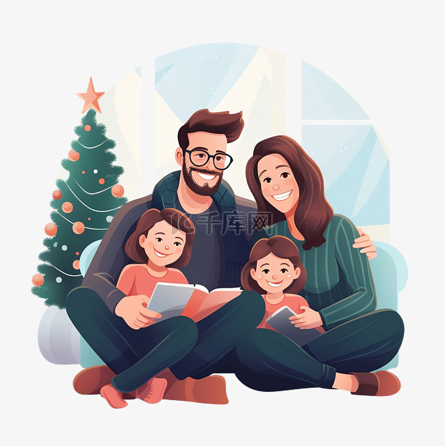 幸福的家庭坐在圣诞树附近家里的