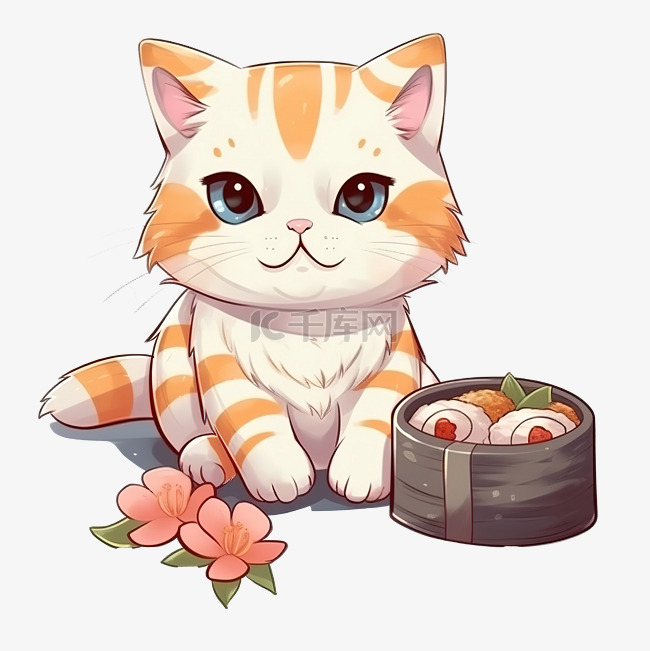 可爱的老虎条纹猫吃寿司，水彩风