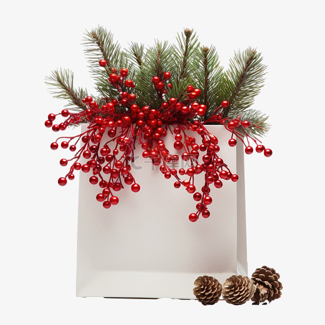 圣诞购物纸袋，配有红珠装饰的杉