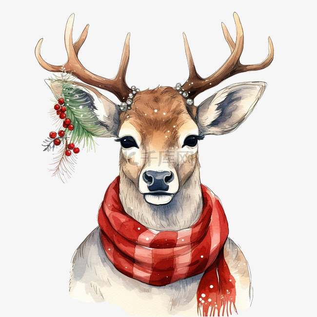 圣诞配饰矢量中鹿的手绘肖像