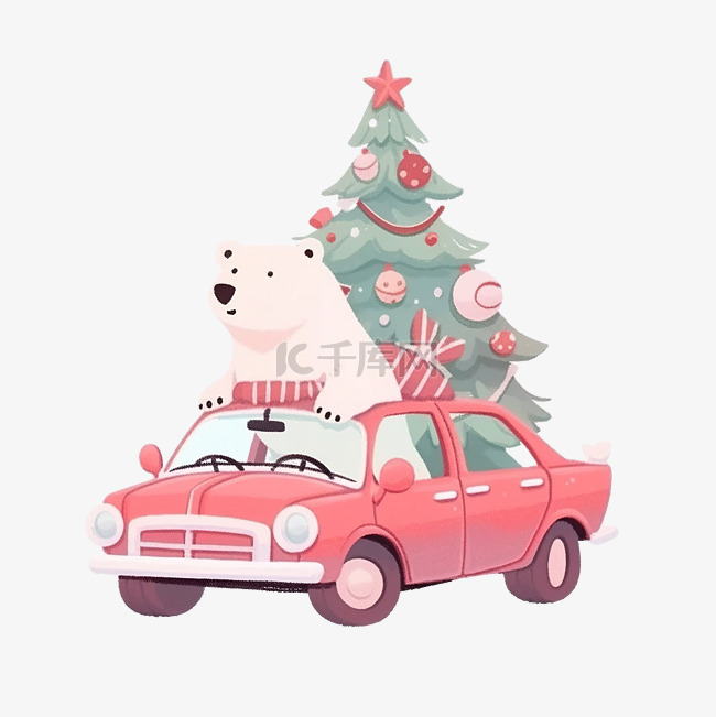 北极熊乘坐一辆红色汽车，带着礼