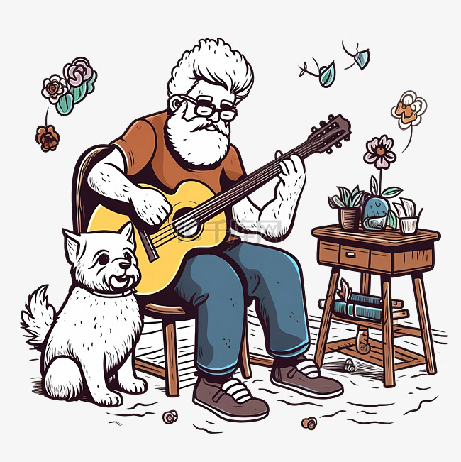 手绘老人弹吉他与涂鸦风格的狗插