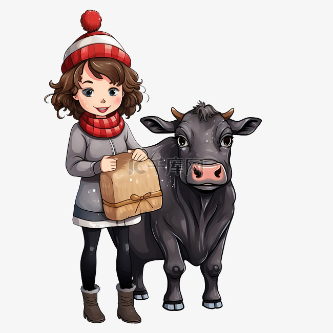 在一个农场里与小公牛合影的女孩