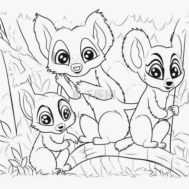 儿童着色书卡通狐猴家族在大自然