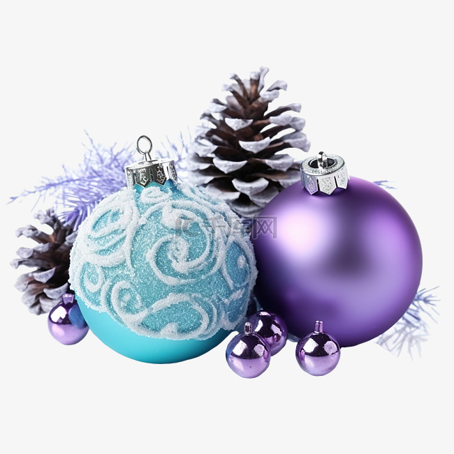 雪上美丽的蓝色和紫色圣诞球和锥