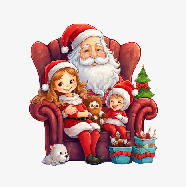 可爱的圣诞老人和孩子们坐在圣诞