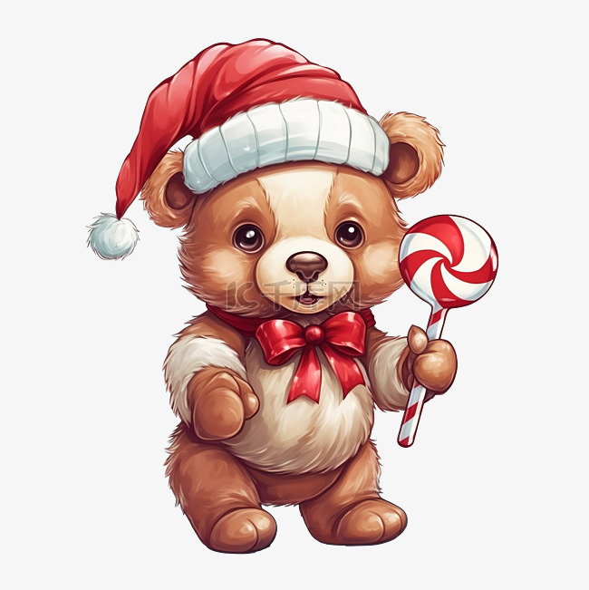 可爱的卡通圣诞熊戴着红帽子和棒