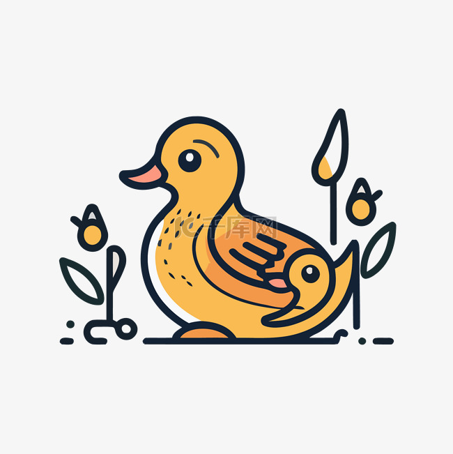 草丛中一只鸭子和一只小鸭的图画