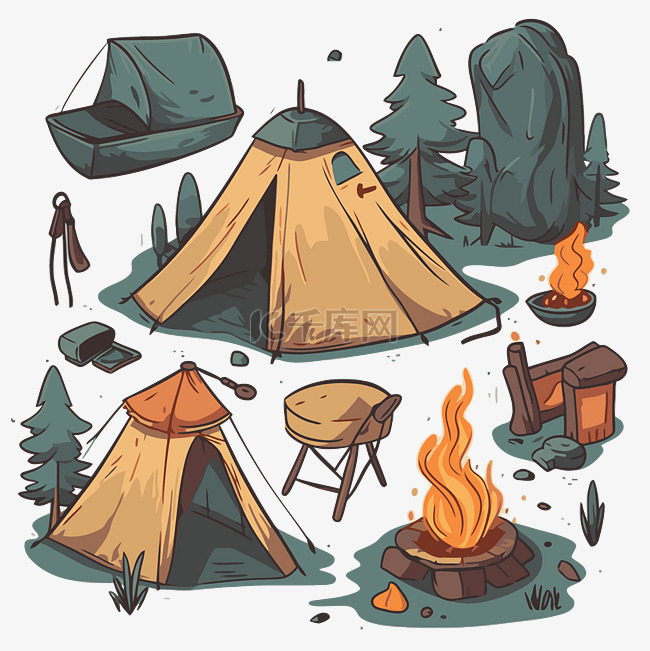 露营剪贴画绘制露营套装矢量插图