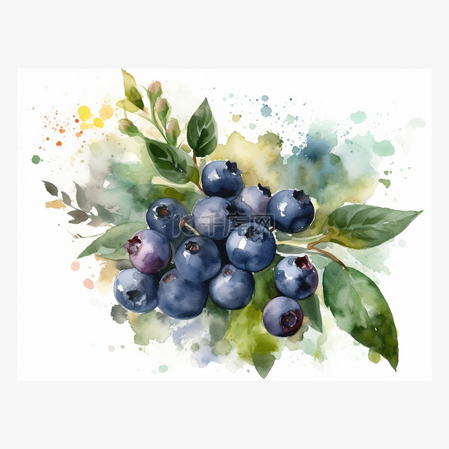 多汁蓝莓的白色水彩插图