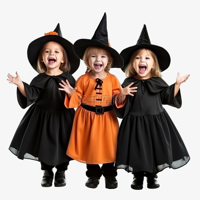 三个穿着女巫服装的小女孩正在庆