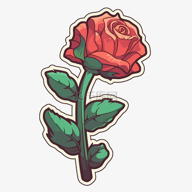 描绘一朵玫瑰与叶子剪贴画的贴纸