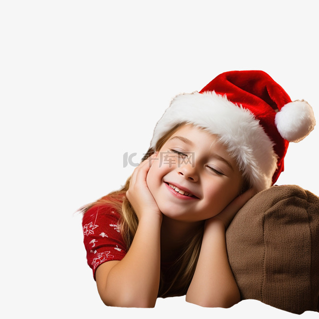 戴着圣诞帽的女孩躺在壁炉旁，圣