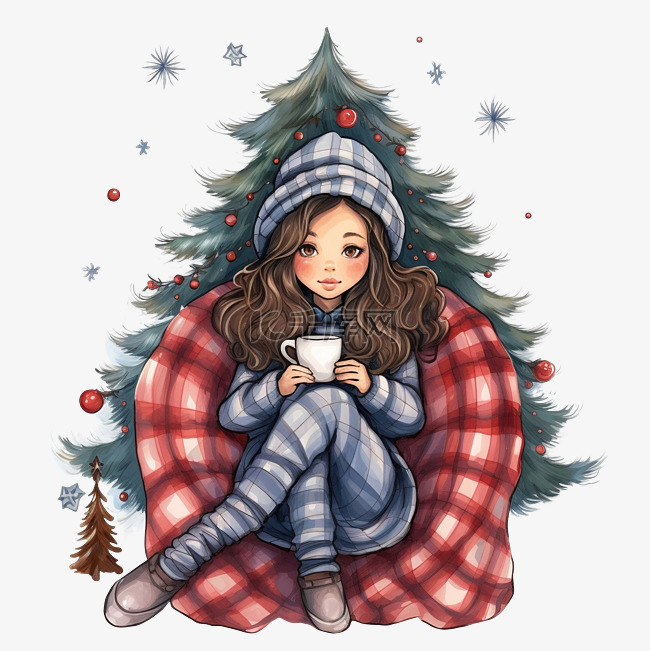 穿着睡衣的黑发女孩坐在圣诞树上