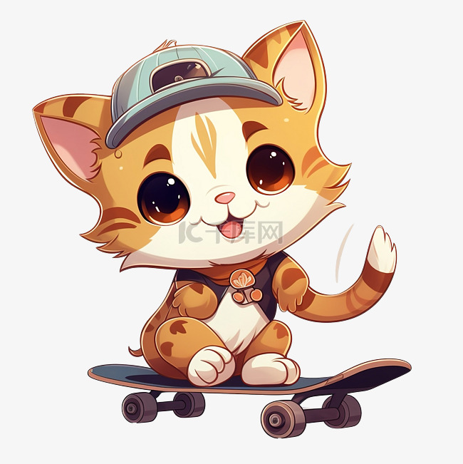 滑板上可爱猫咪插画卡通贴纸pn