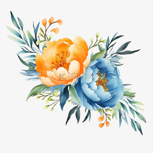 橙色和蓝色牡丹水彩花边框
