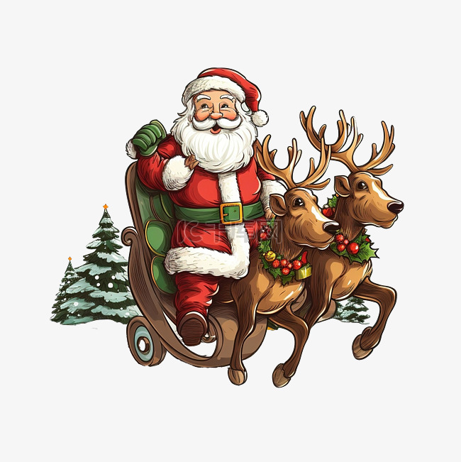 圣诞节背景与圣诞老人乘坐驯鹿雪