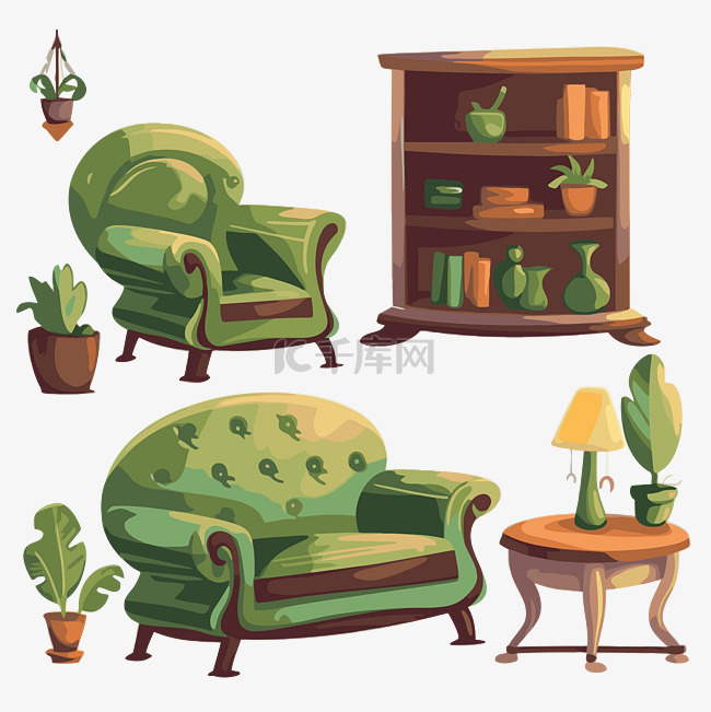 家具剪贴画家具套装与绿色植物和