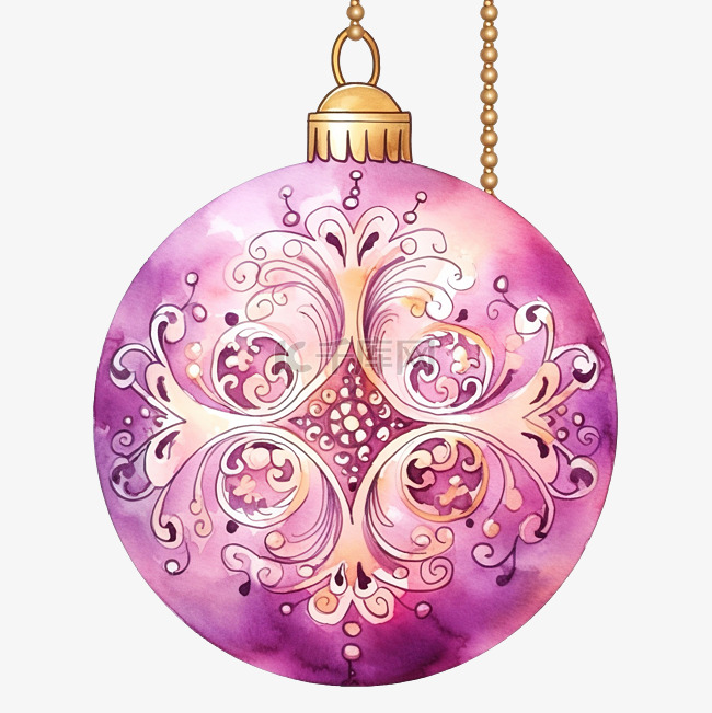 圣诞球与曼陀罗饰品水彩插图粉红
