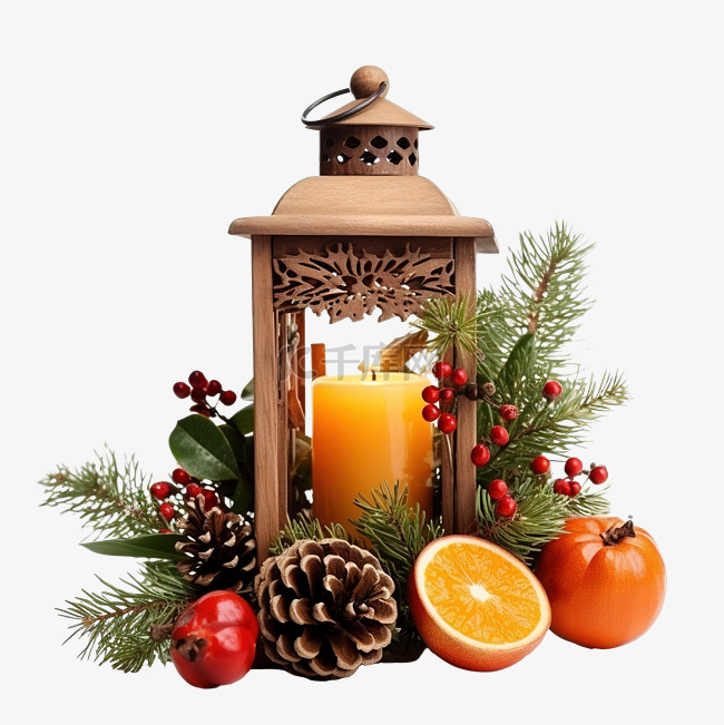 圣诞灯笼与橙苹果肉桂松枝和浆果