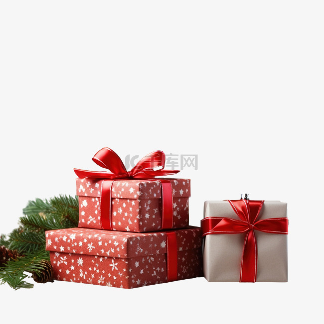 圣诞礼品盒，木桌上有红白丝带，