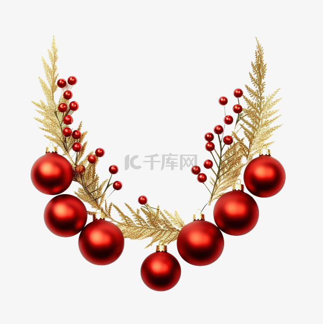 圣诞红色饰品，配有金色珠子和冷