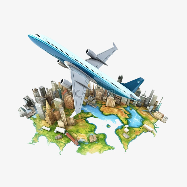 乘飞机环游世界的 3d 插图