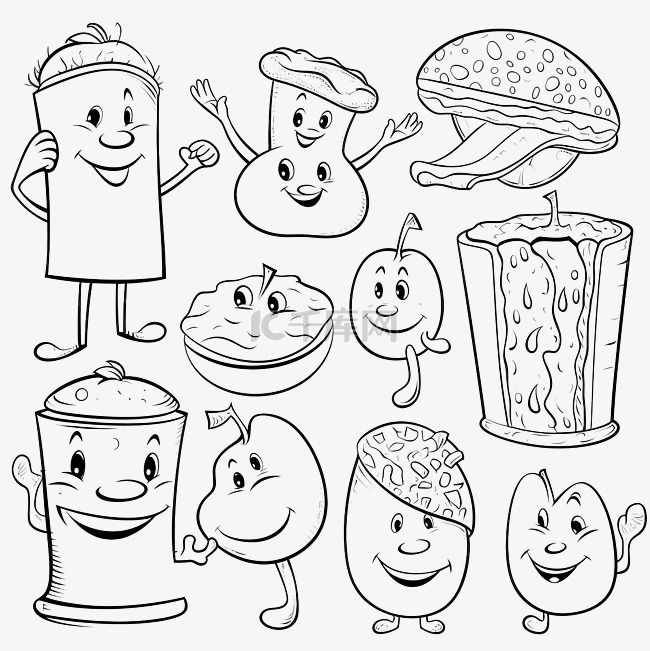 卡通食物对象人物设置着色书页