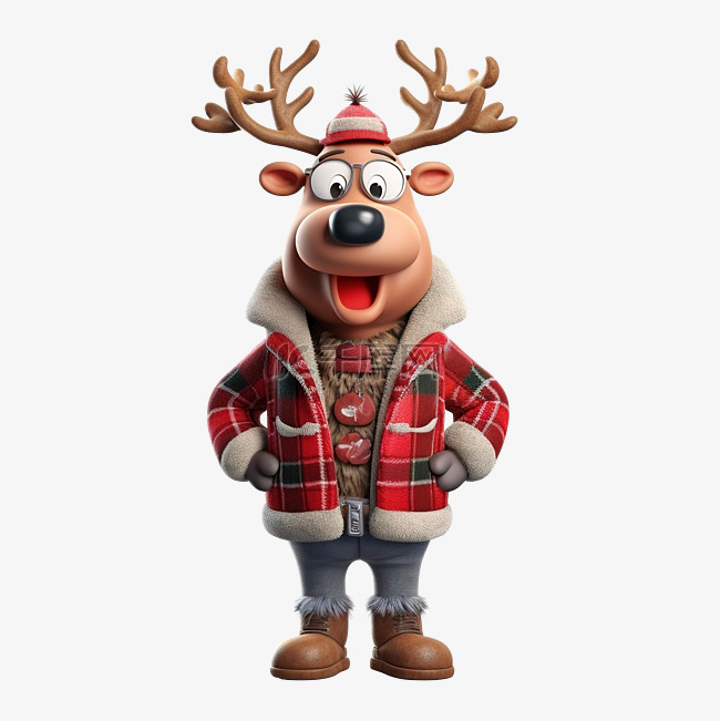 卡通 3D 渲染驯鹿与圣诞装饰