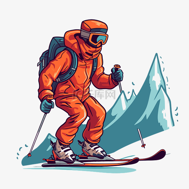 穿着橙色滑雪服在山地卡通片上滑