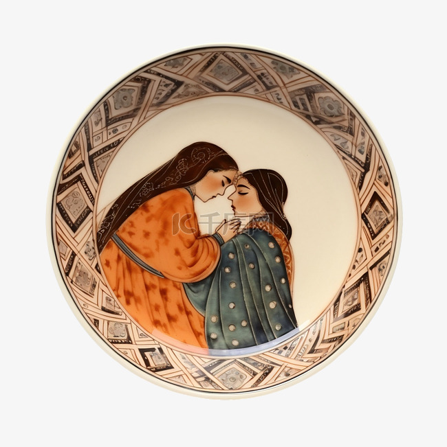 东方陶瓷盘的顶视图，上面画着一