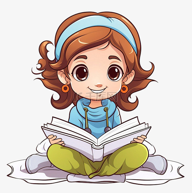 孤立的女孩卡通阅读书及其涂鸦轮