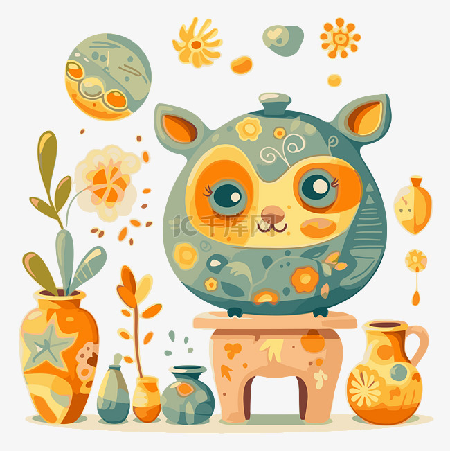 陶瓷剪贴画卡通猫插图与橙色花瓶