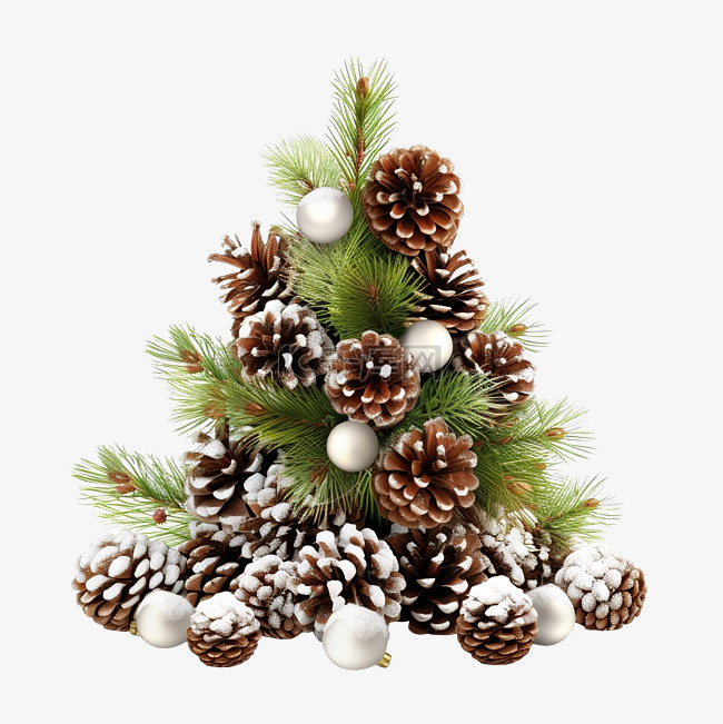 圣诞树枝上有锥球和雪花
