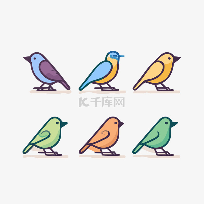 八只色彩缤纷的鸟排成一排 向量