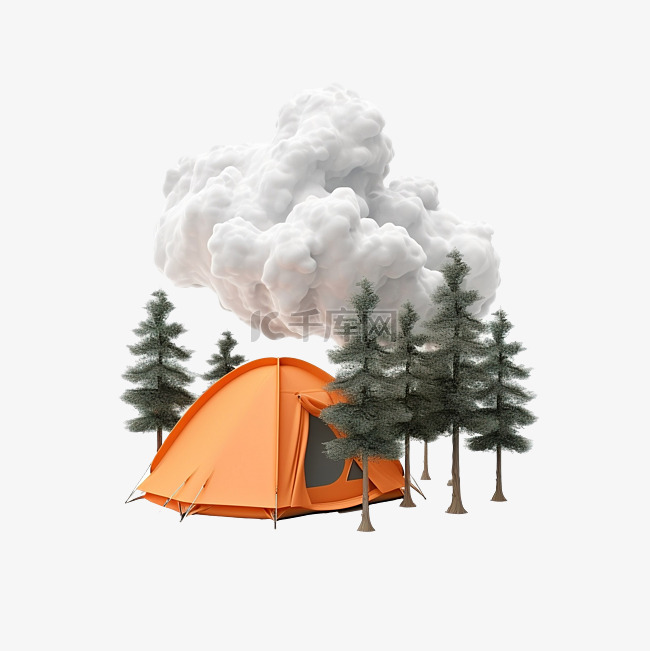 松林中的橙色帐篷，周围环绕着云