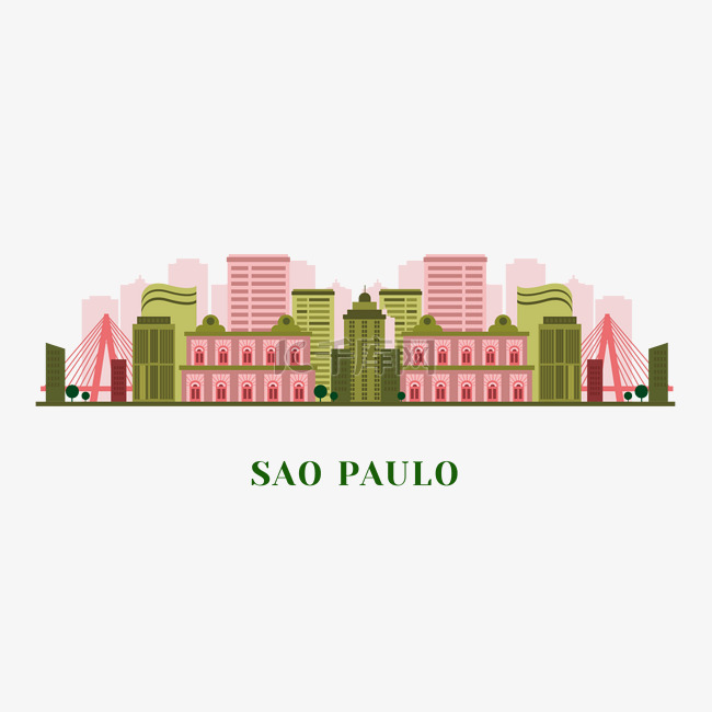 巴西圣保罗城市天际线粉绿色背景